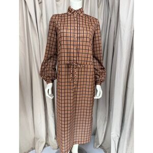 Vintage JCPenney Fashions Brown Plaid Belted Midi Shirt Dress Long Sleeve 14T